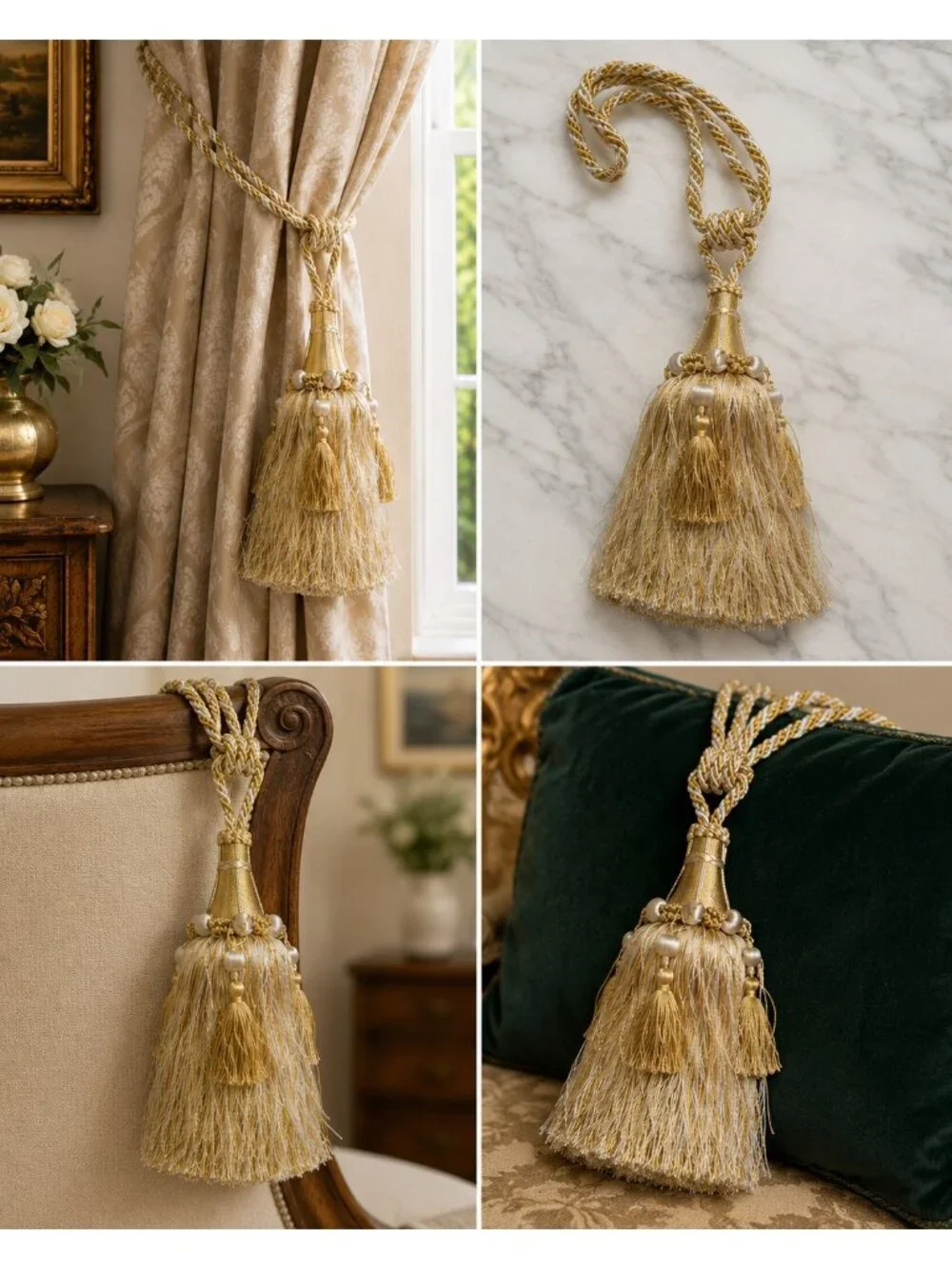 Vintage Gold Ivory Tassel Curtain Tiebacks Pair 27 Inch Ornate Drapery Decor